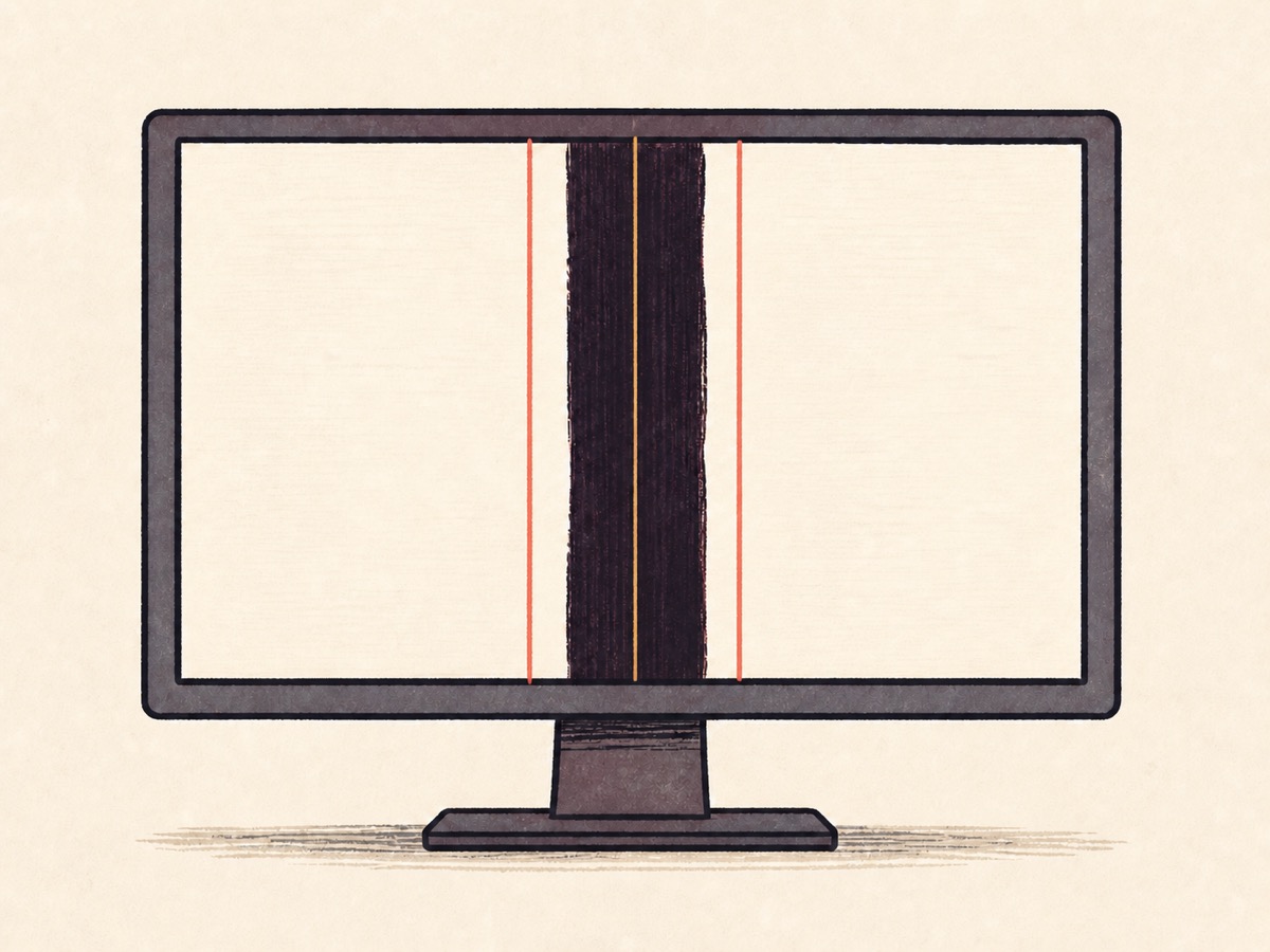 Cartoon monitor with three calibration guides marking a damaged vertical strip